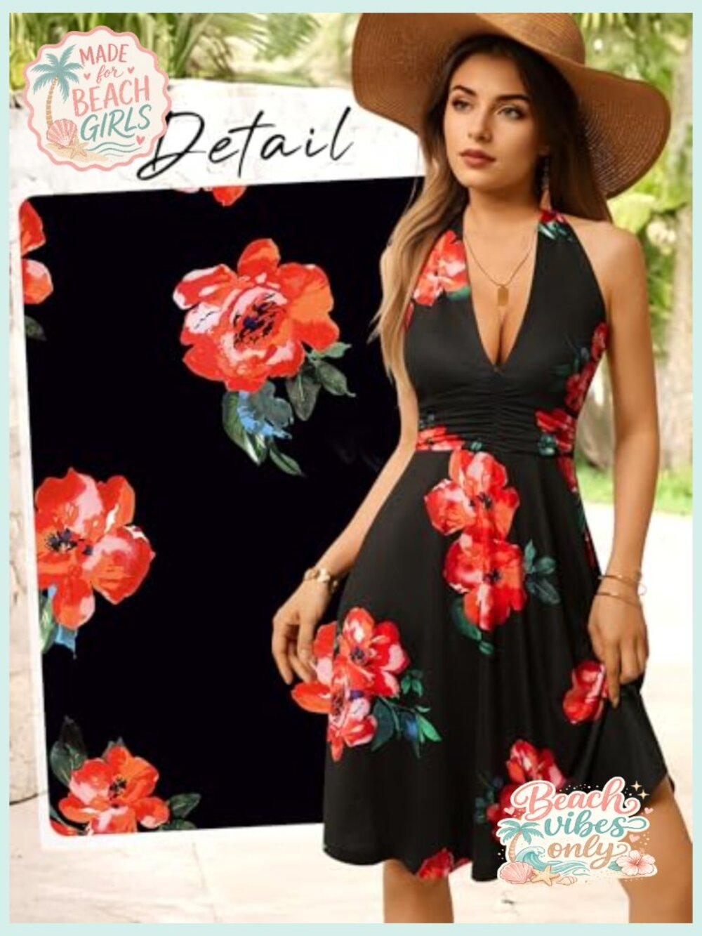 Sleeveless Halter Neck Mini Sundress with Pockets Elastic Waist Ruffle - Picture 3 of 7